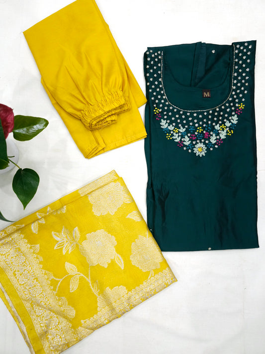 Vichitra Silk Bottle Green 3 piece Set