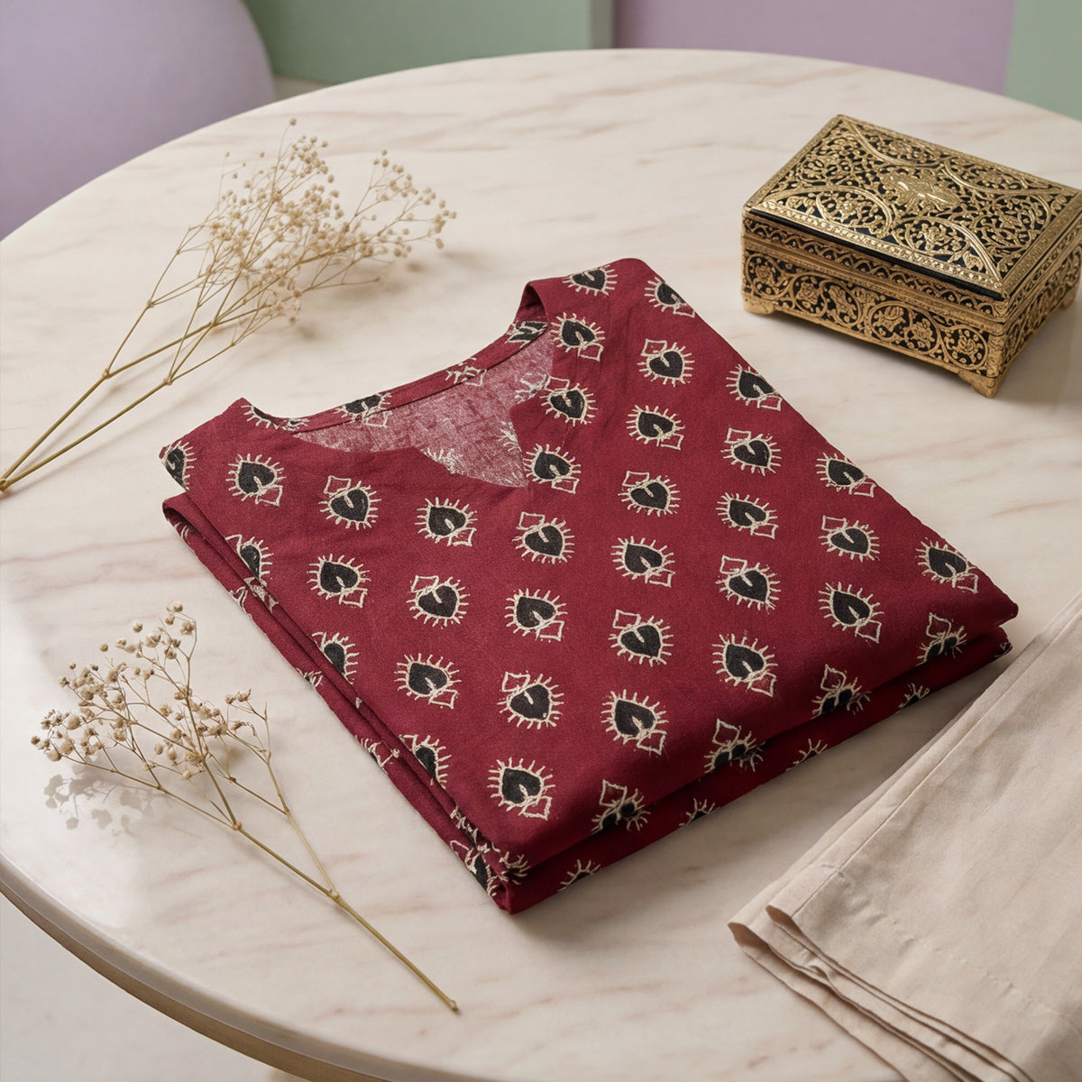 Maroon Ajrak Printed Cotton Kurti