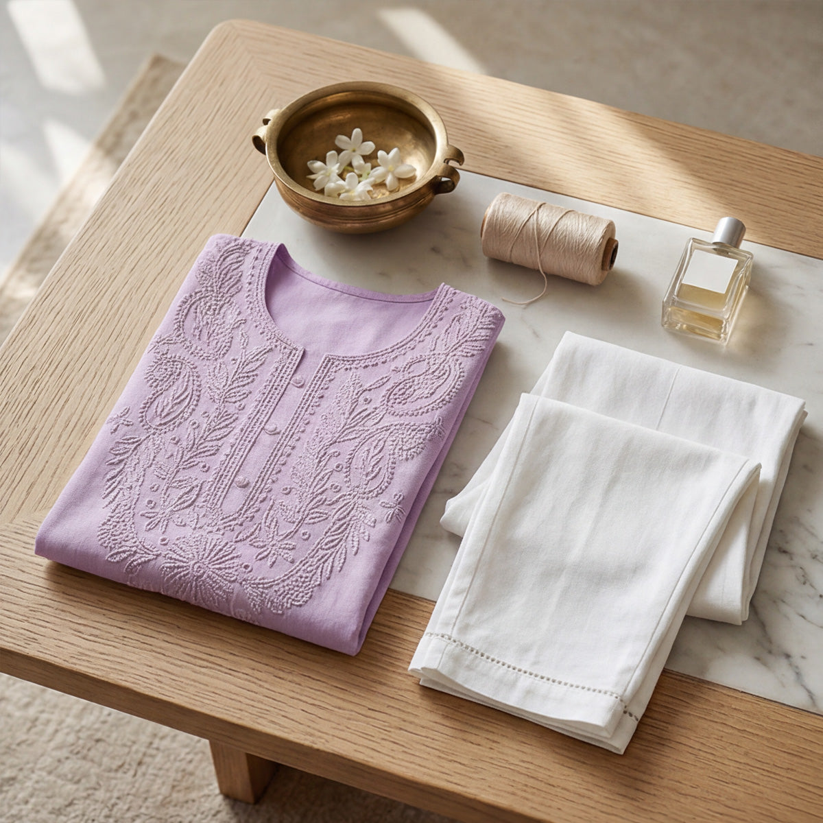 Lavender Cotton Chikankari Embroidered Kurti
