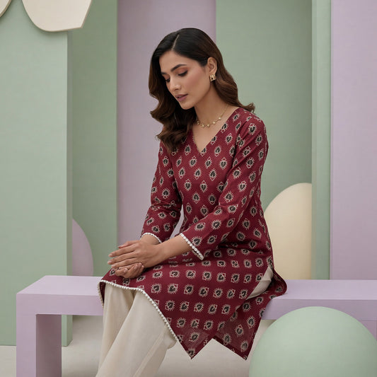 Maroon Ajrak Printed Cotton Kurti