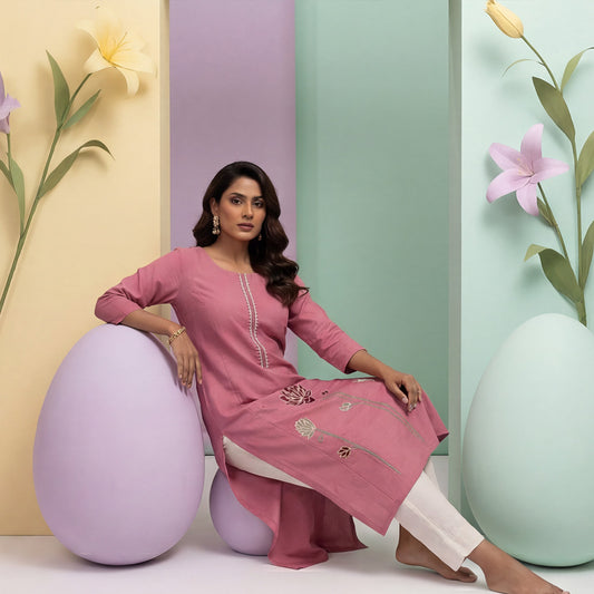 Peach Cotton Long Kurti with Floral Embroidery