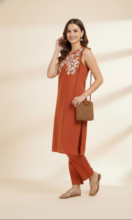 Brown Khadi Cotton Coord Set with White Motif Detailing