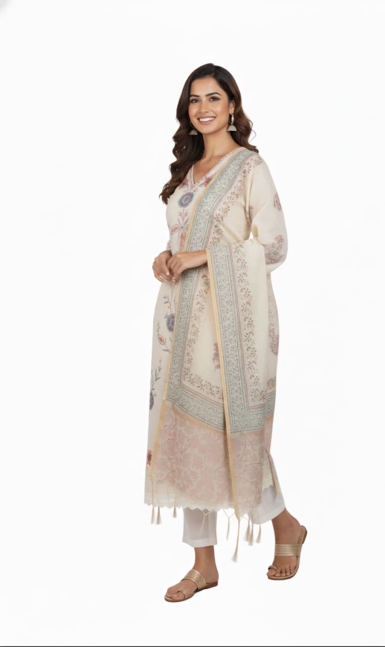 Off White pastel floral Embroidered cotton suit