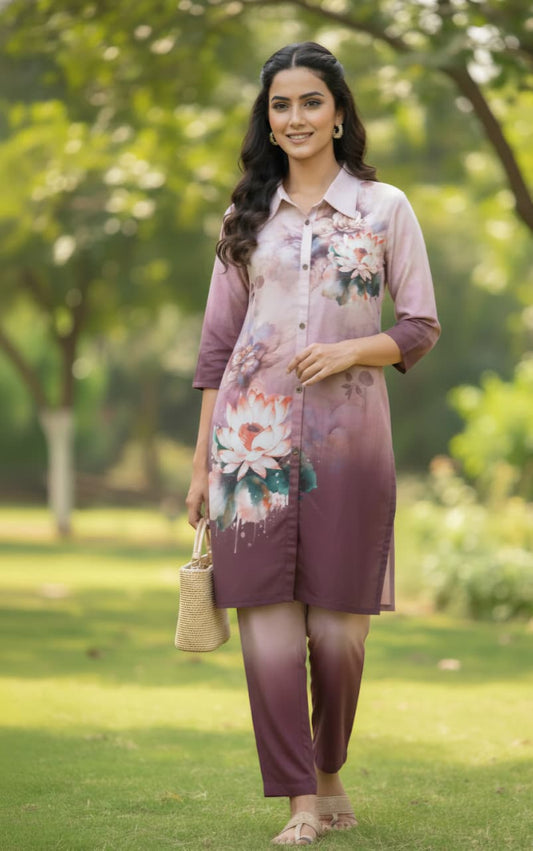 Mauve Lavender Dual-Tone Floral Digital Print Shirt-Style Co-ord Set