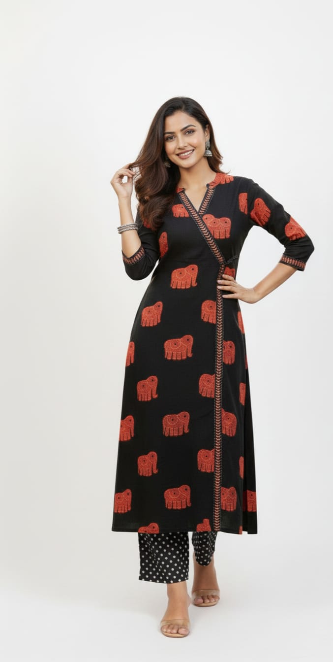 Black & Red Elephant Motif Angrakha Kurta Set