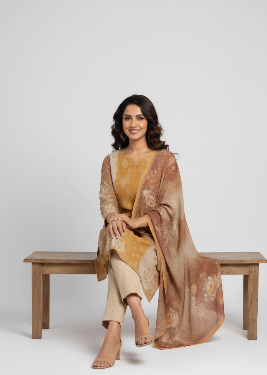 Mustard & Rust Floral Print Kurta Set with Dupatta