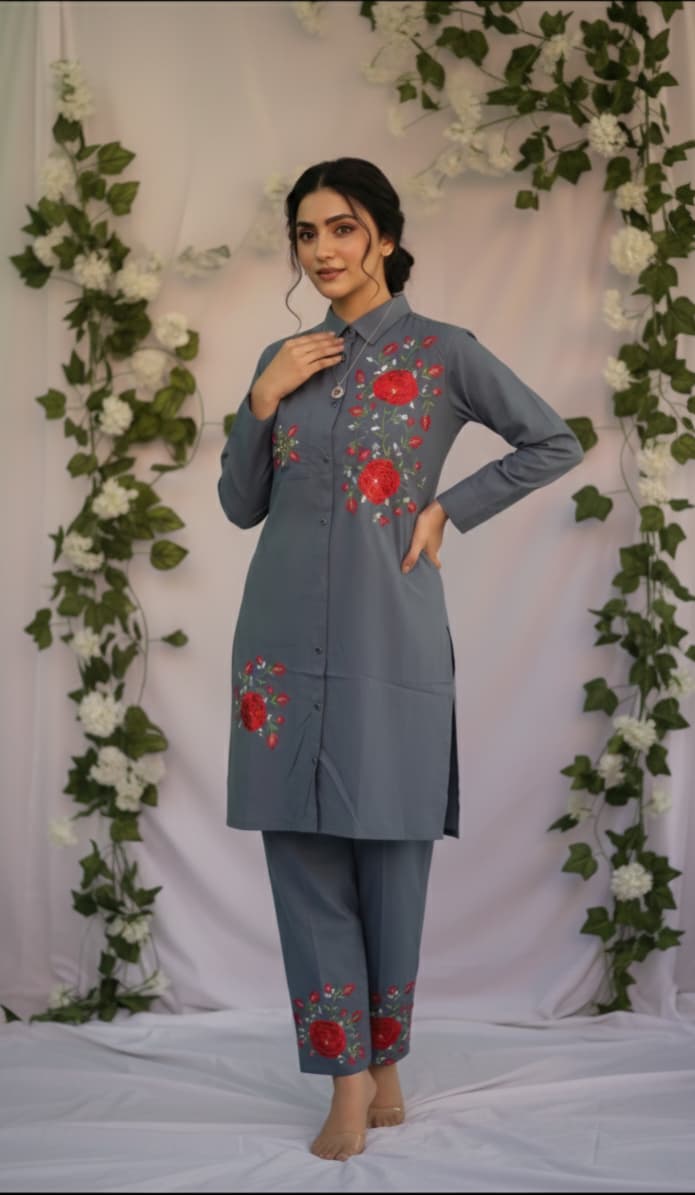 Steel Blue and Crimson Rose Embroidered Co-ord Set