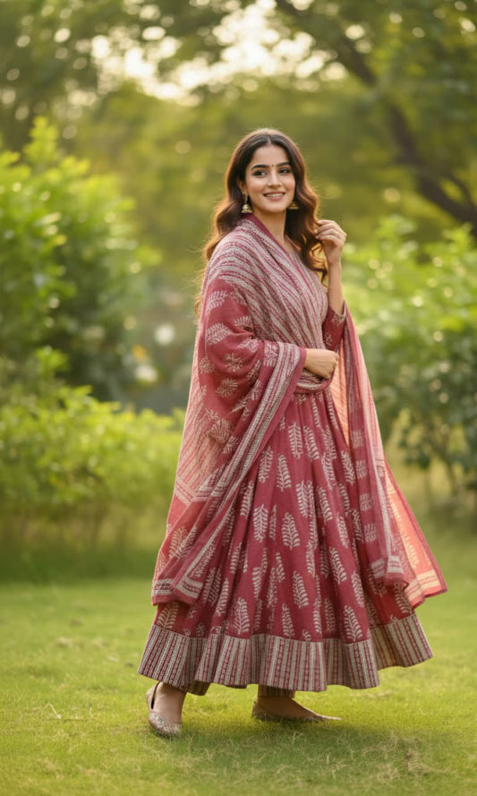 Dusty Rose and White Block Print Anarkali Set