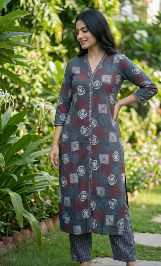 Muslin Grey Coord SetCharcoal Grey Abstract Print Cotton Suit with Matching Bottoms