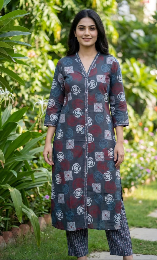 Muslin Grey Coord SetCharcoal Grey Abstract Print Cotton Suit with Matching Bottoms