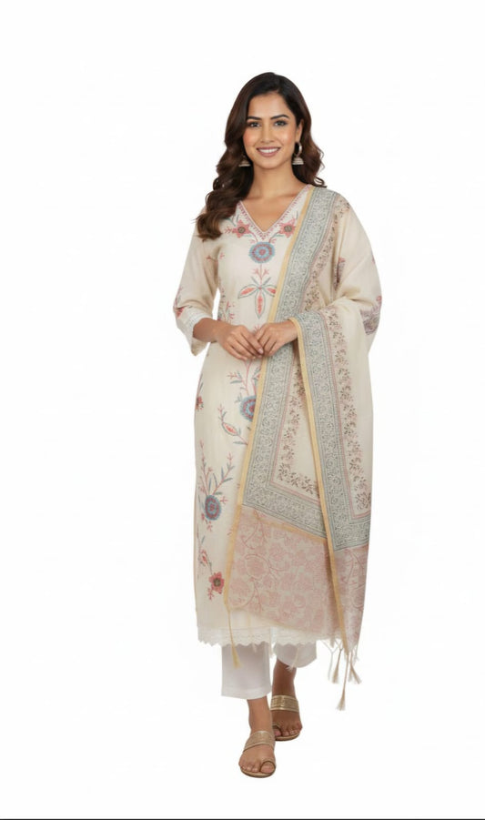 Off White pastel floral Embroidered cotton suit