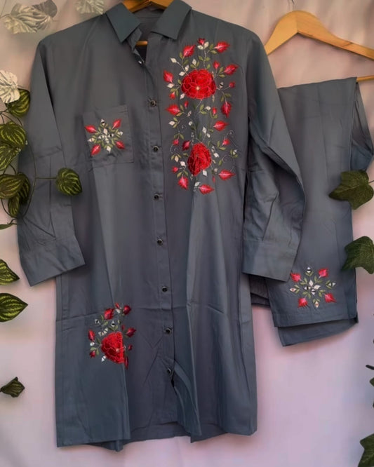 Steel Blue and Crimson Rose Embroidered Co-ord Set