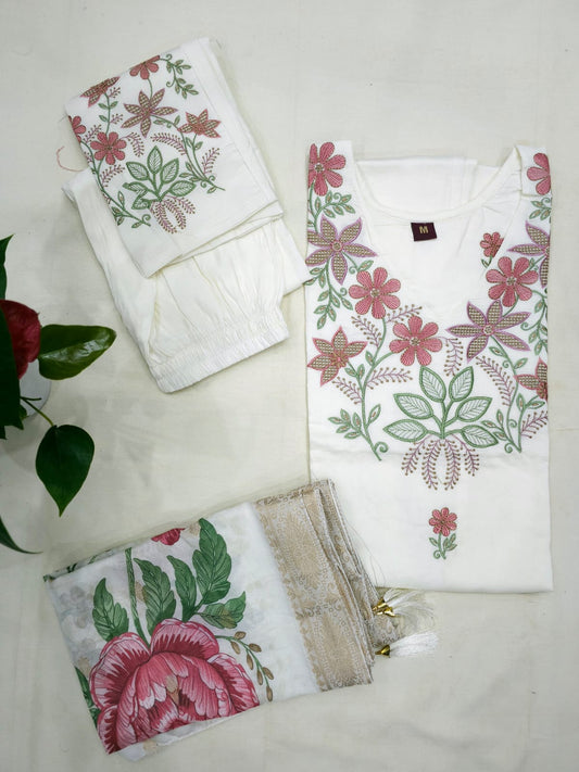 Floral Thread work Roman silk Suit Set with Dupatta