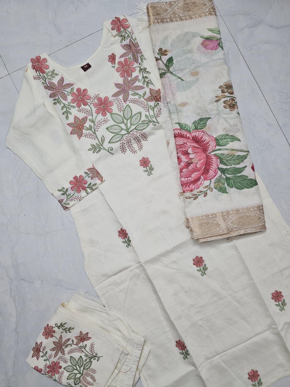 Floral Thread work Roman silk Suit Set with Dupatta