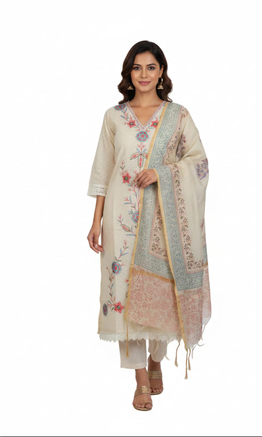 Off White pastel floral Embroidered cotton suit