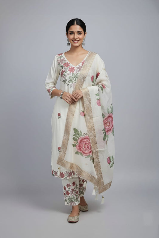 Floral Thread work Roman silk Suit Set with Dupatta