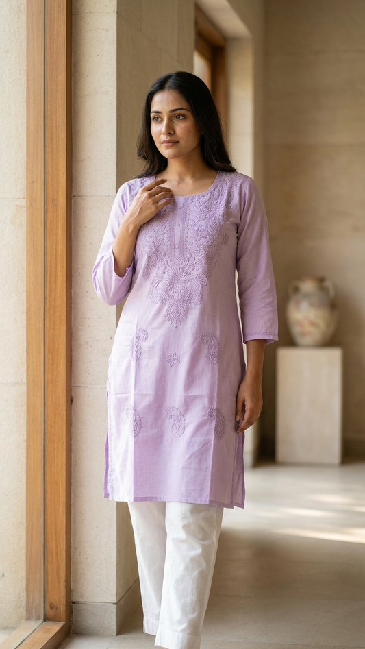Lavender Cotton Chikankari Embroidered Kurti
