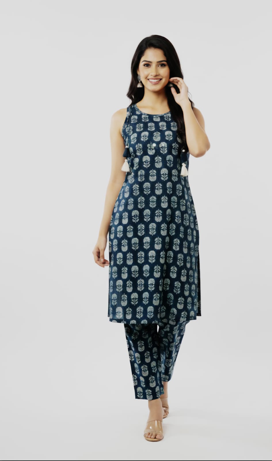 Blue Floral Embroidered Coord Set with attached Sleeves