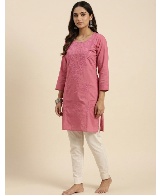 Peach Cotton Chikankari Embroidered Kurti with 3/4th Sleeves
