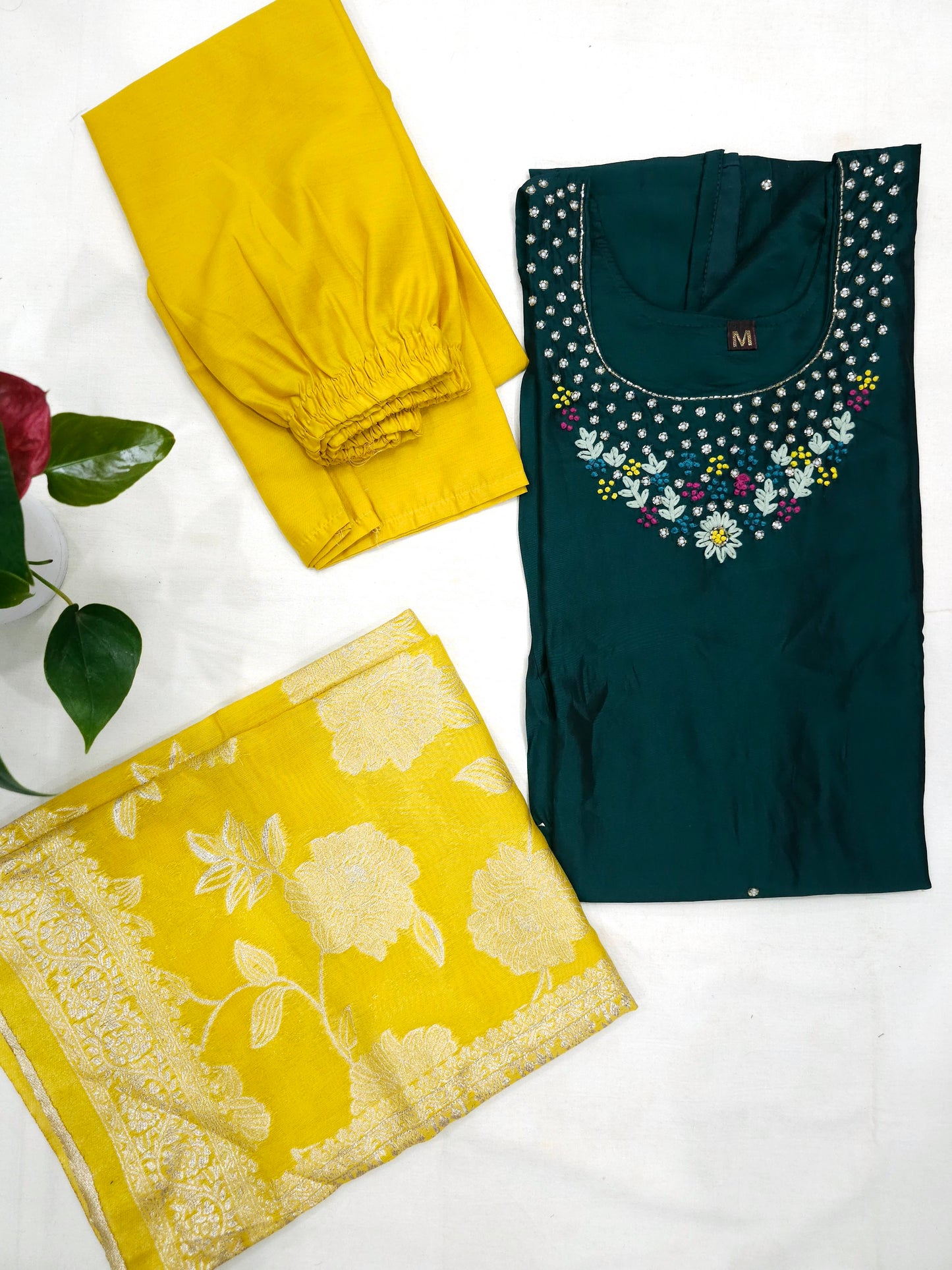 Vichitra Silk Bottle Green 3 piece Set