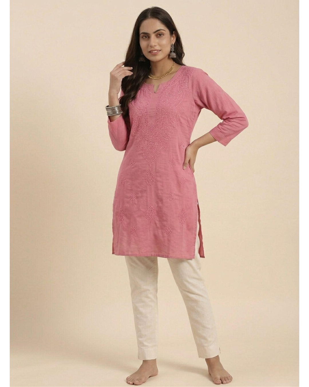 Peach Cotton Chikankari Embroidered Kurti with 3/4th Sleeves