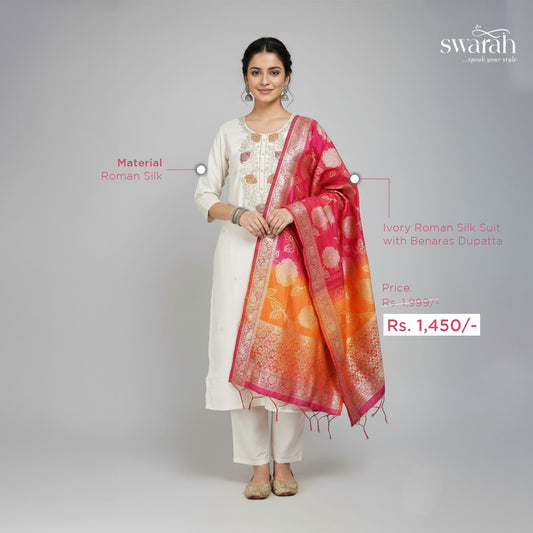 Ivory Roman Silk Suit Set with Banaras dupatta.