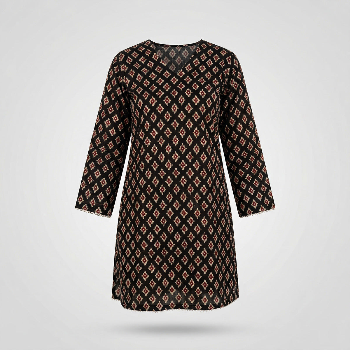 Black Ajrak Cotton Kurti with Flared Bell Sleeves