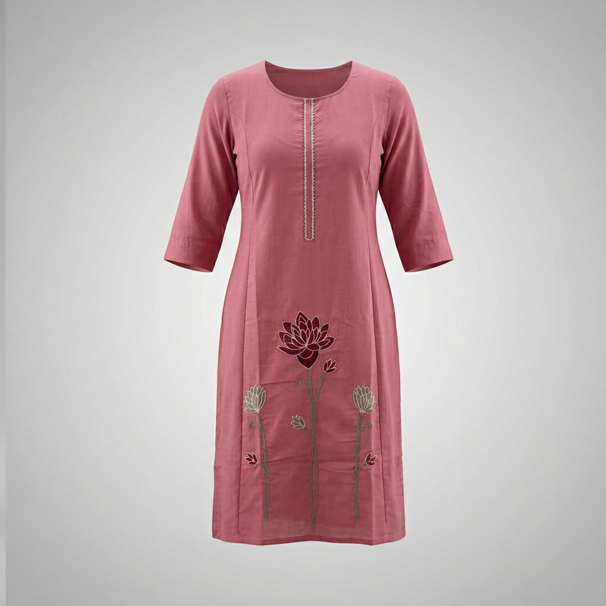 Peach Cotton Long Kurti with Floral Embroidery