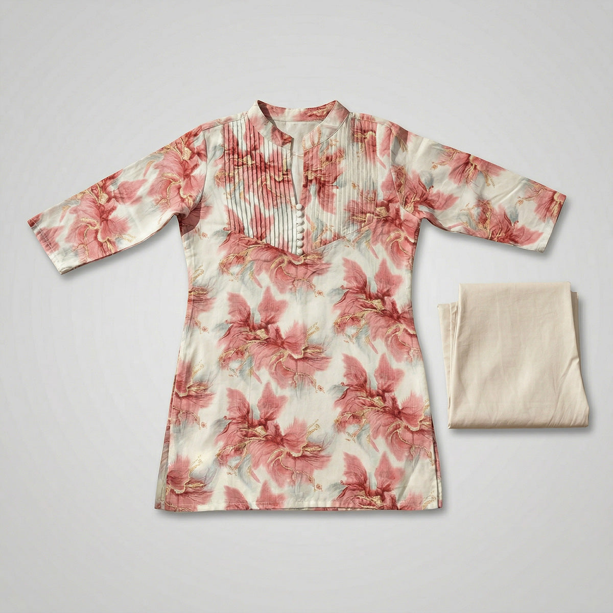 Off-White Rayon Kurti with Peach Floral Print