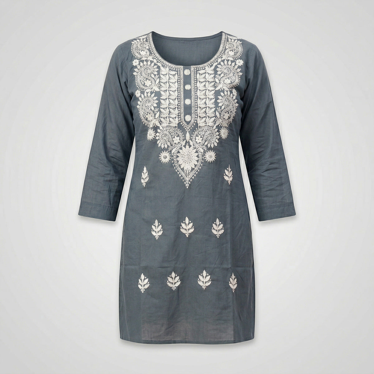 Grey Cotton Chikankari Embroidered Kurti with White Thread Work