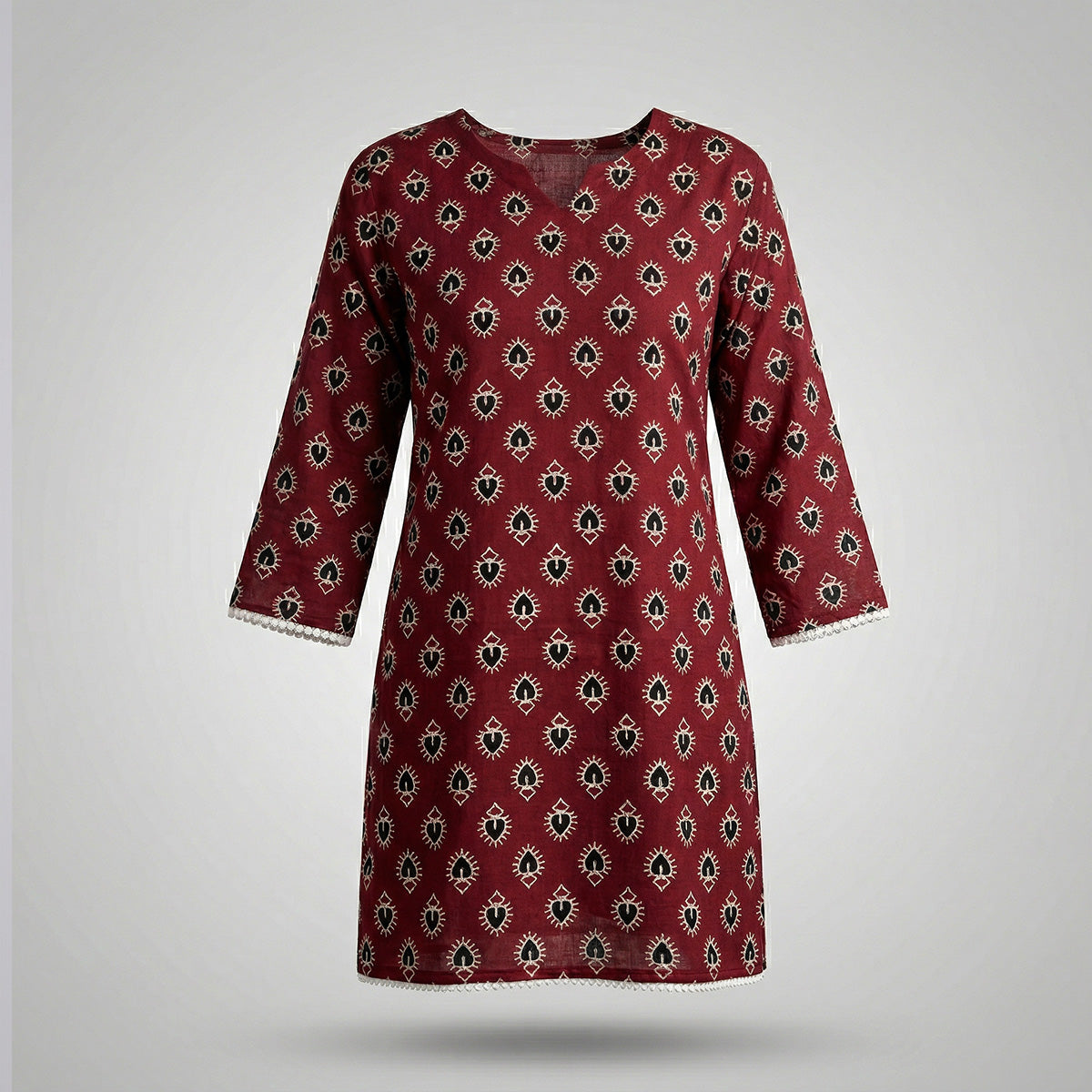 Maroon Ajrak Printed Cotton Kurti