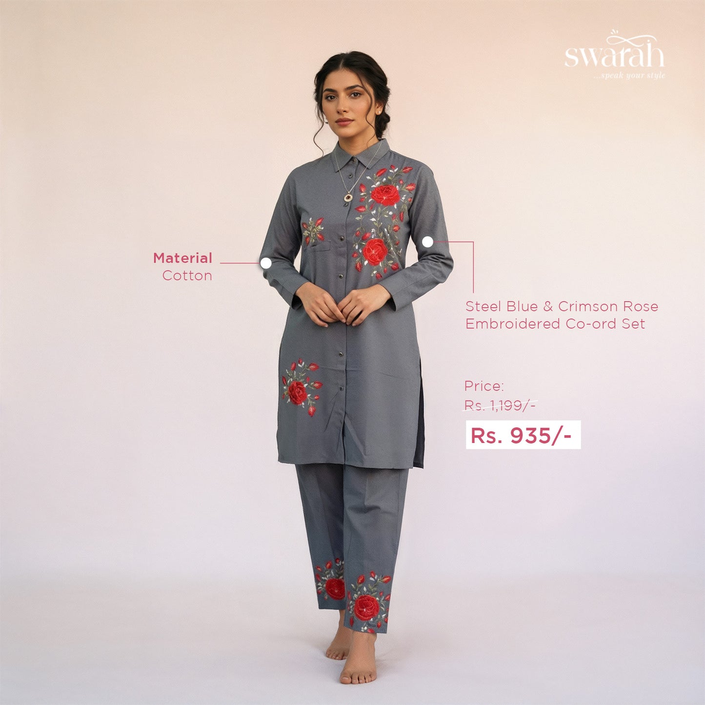 Steel Blue and Crimson Rose Embroidered Co-ord Set