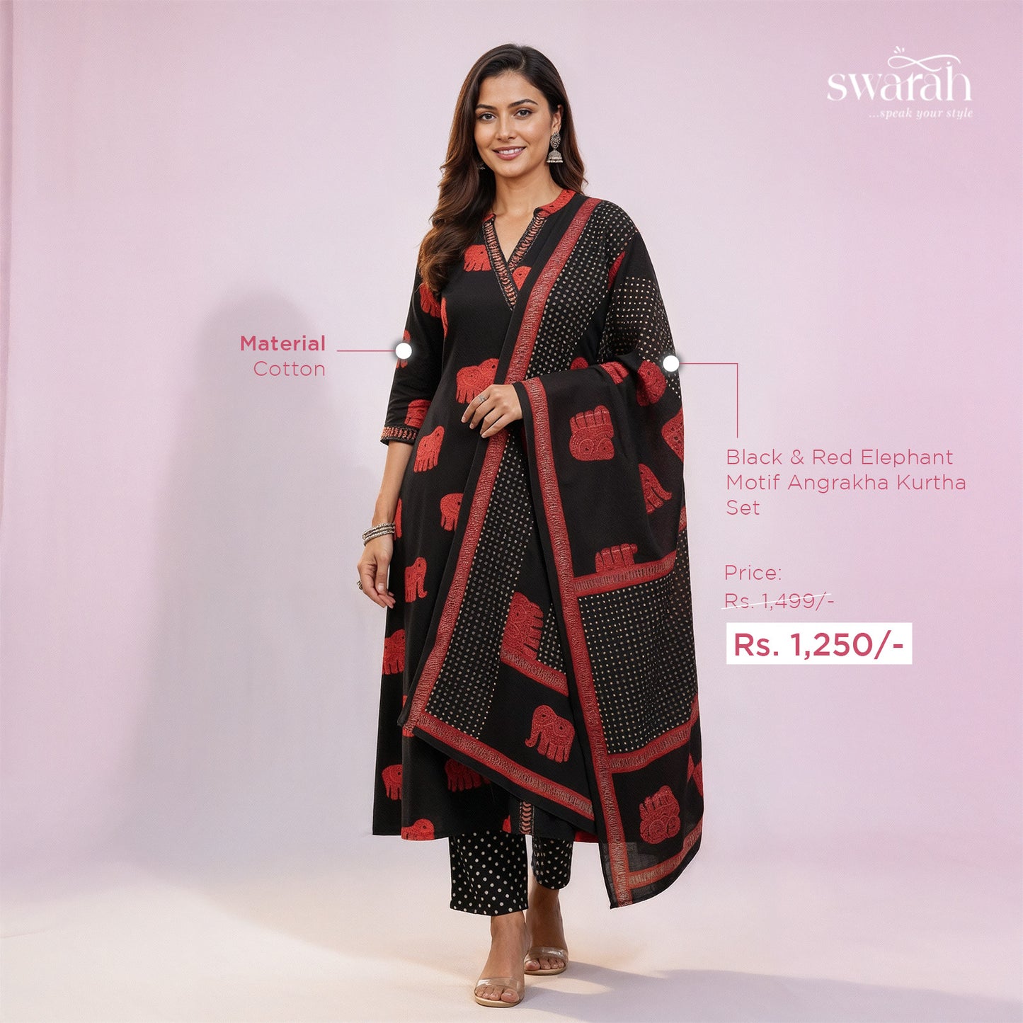 Black & Red Elephant Motif Angrakha Kurta Set