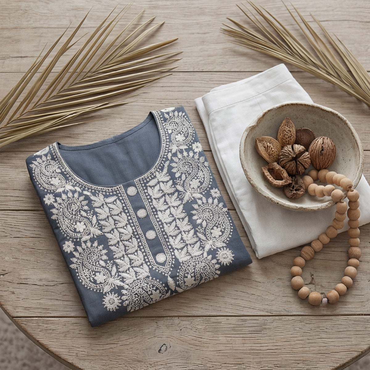 Grey Cotton Chikankari Embroidered Kurti with White Thread Work