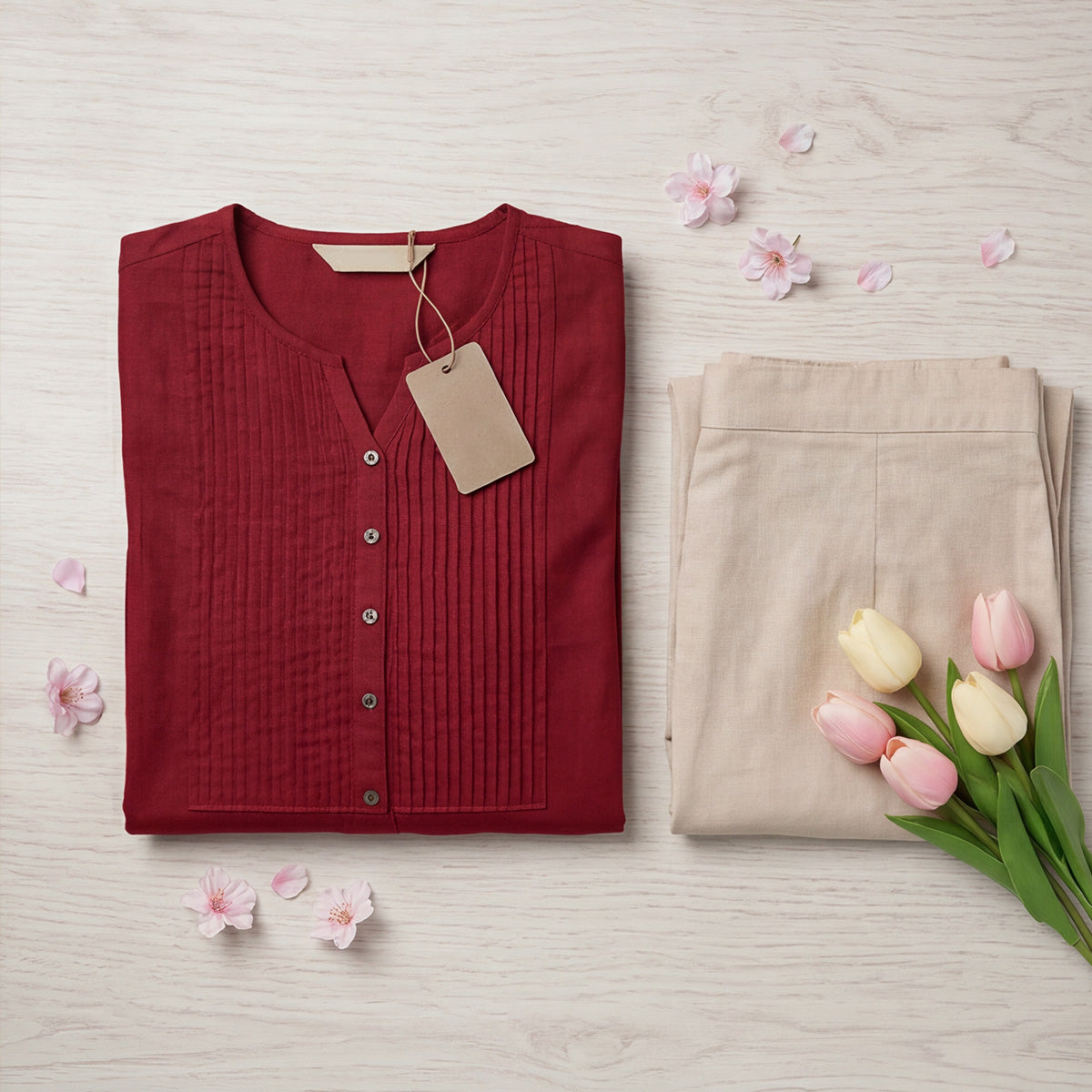 Maroon Vertican Silk Top with Pintuck Detail