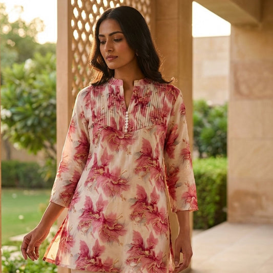 Off-White Rayon Kurti with Peach Floral Print