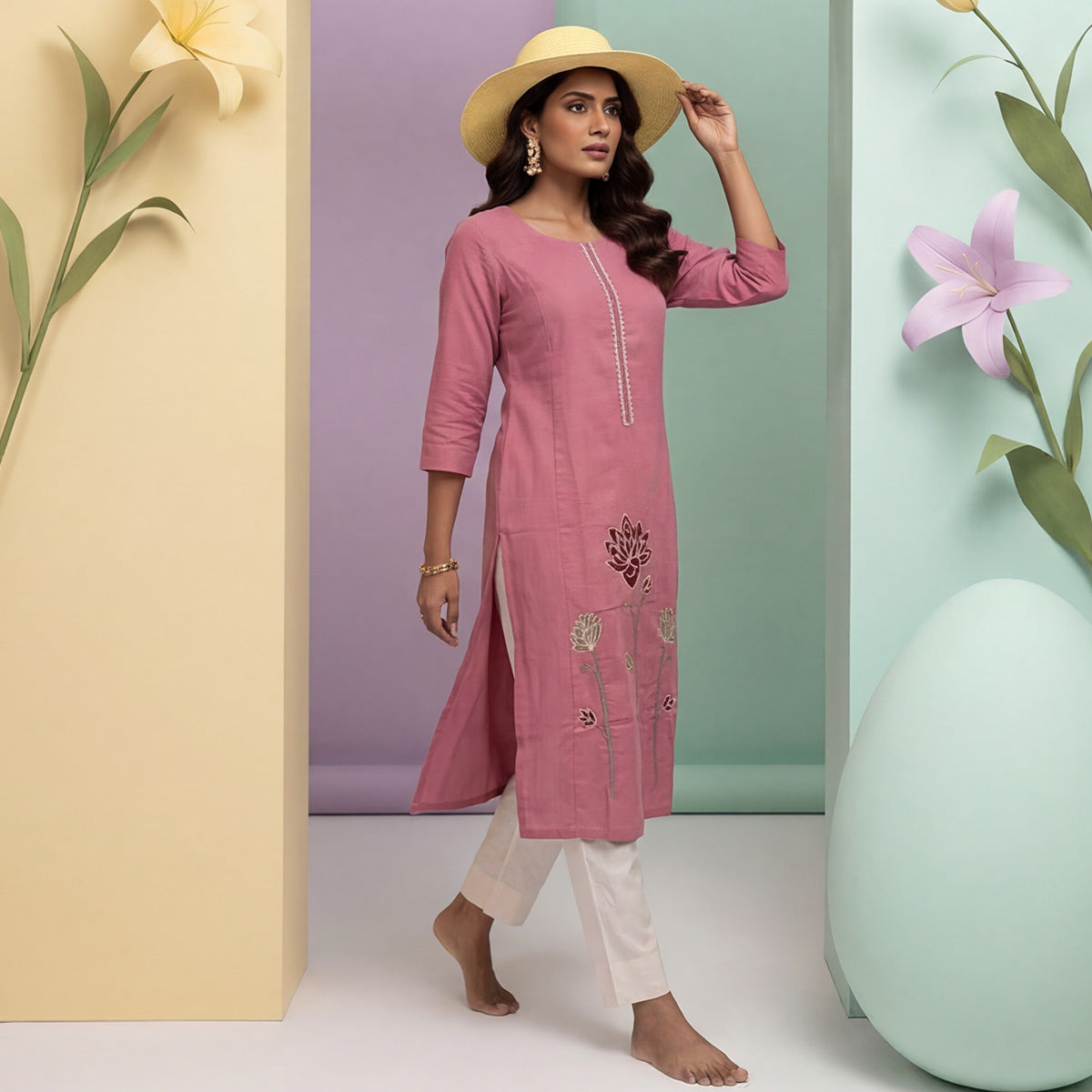 Peach Cotton Long Kurti with Floral Embroidery