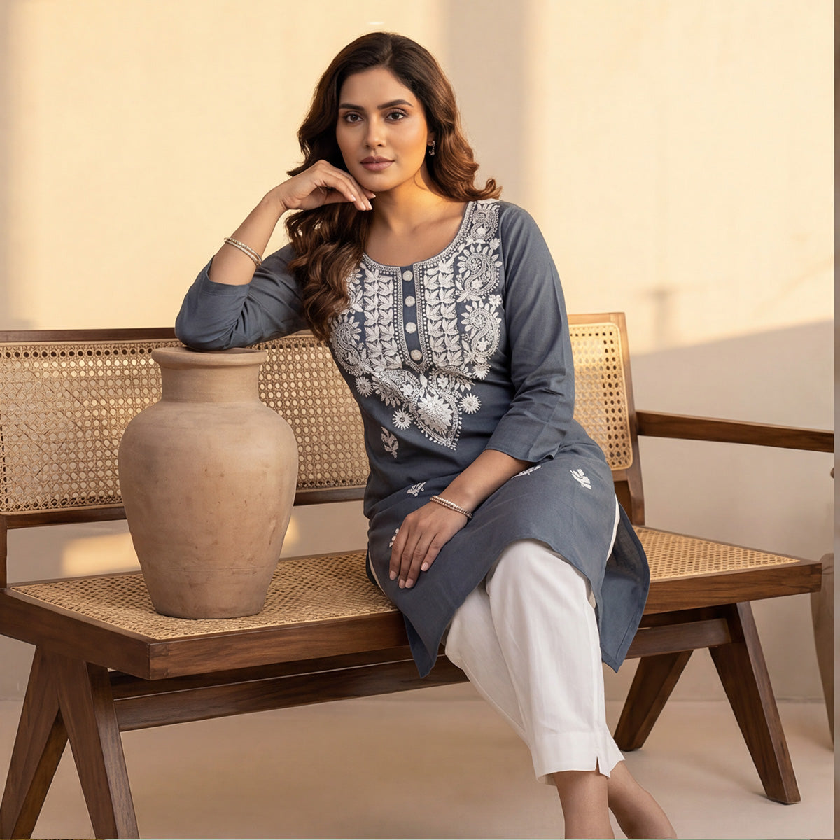 Grey Cotton Chikankari Embroidered Kurti with White Thread Work