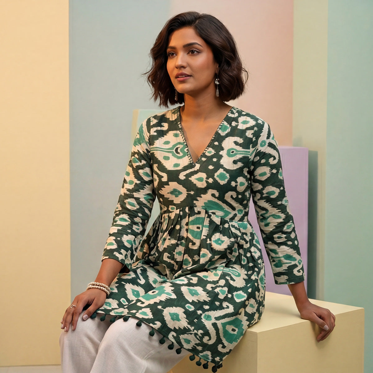 Emerald Printed Cotton Alia Top – Tassel Hem