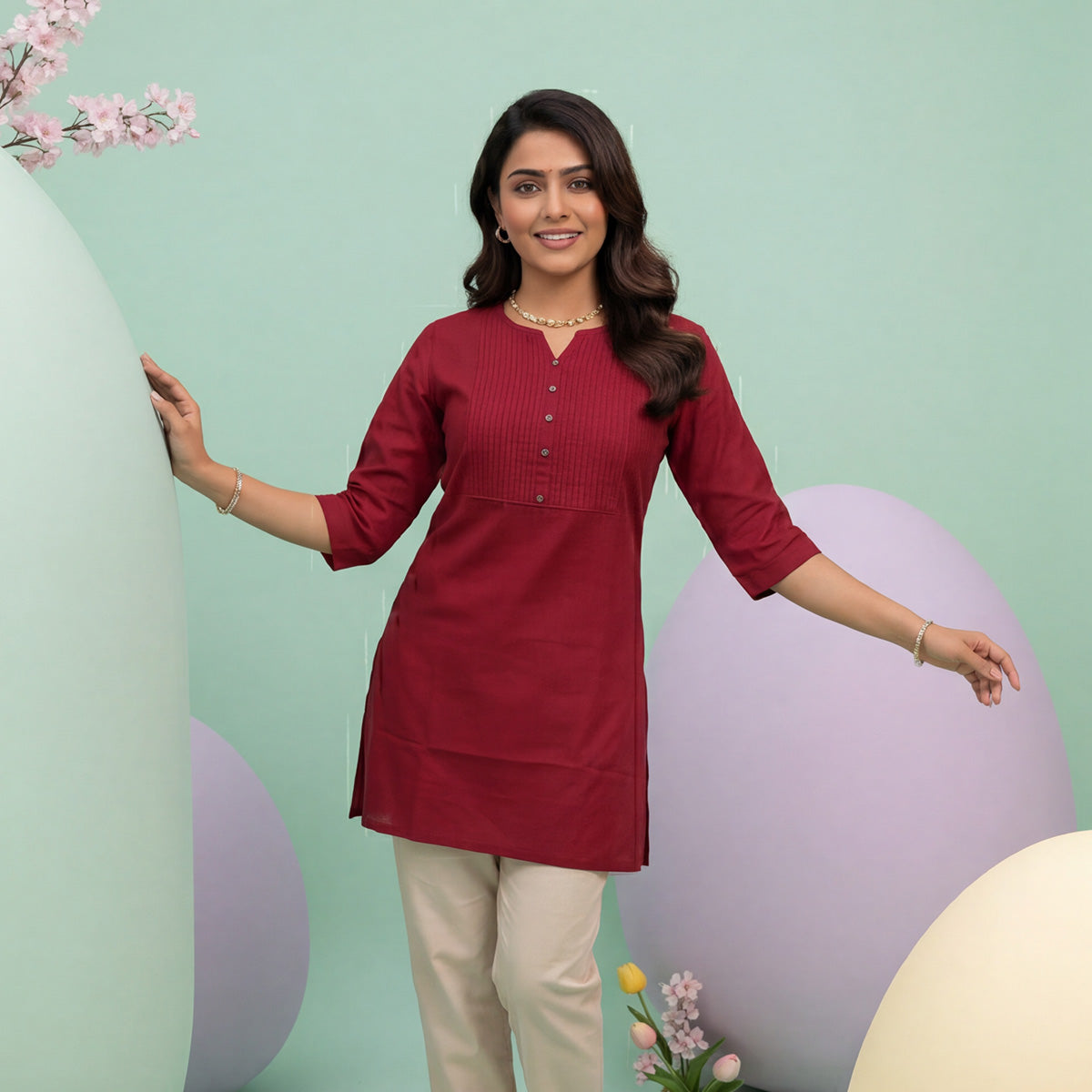 Maroon Vertican Silk Top with Pintuck Detail
