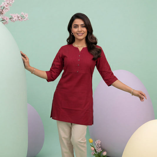 Maroon Vertican Silk Top with Pintuck Detail