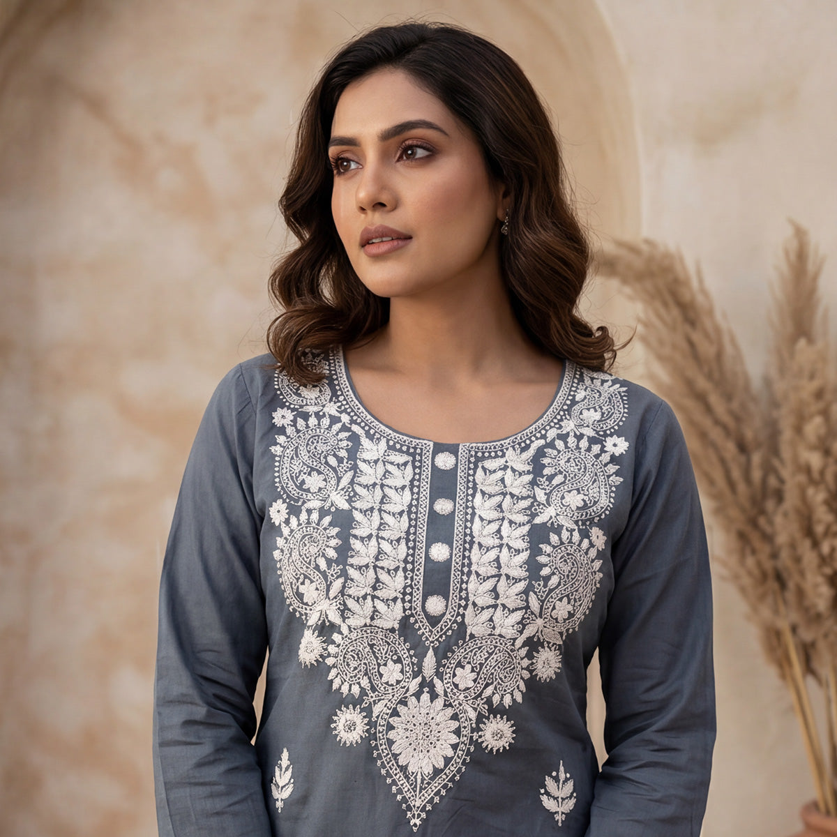 Grey Cotton Chikankari Embroidered Kurti with White Thread Work