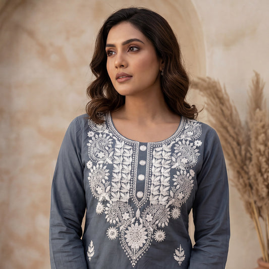 Grey Cotton Chikankari Embroidered Kurti with White Thread Work