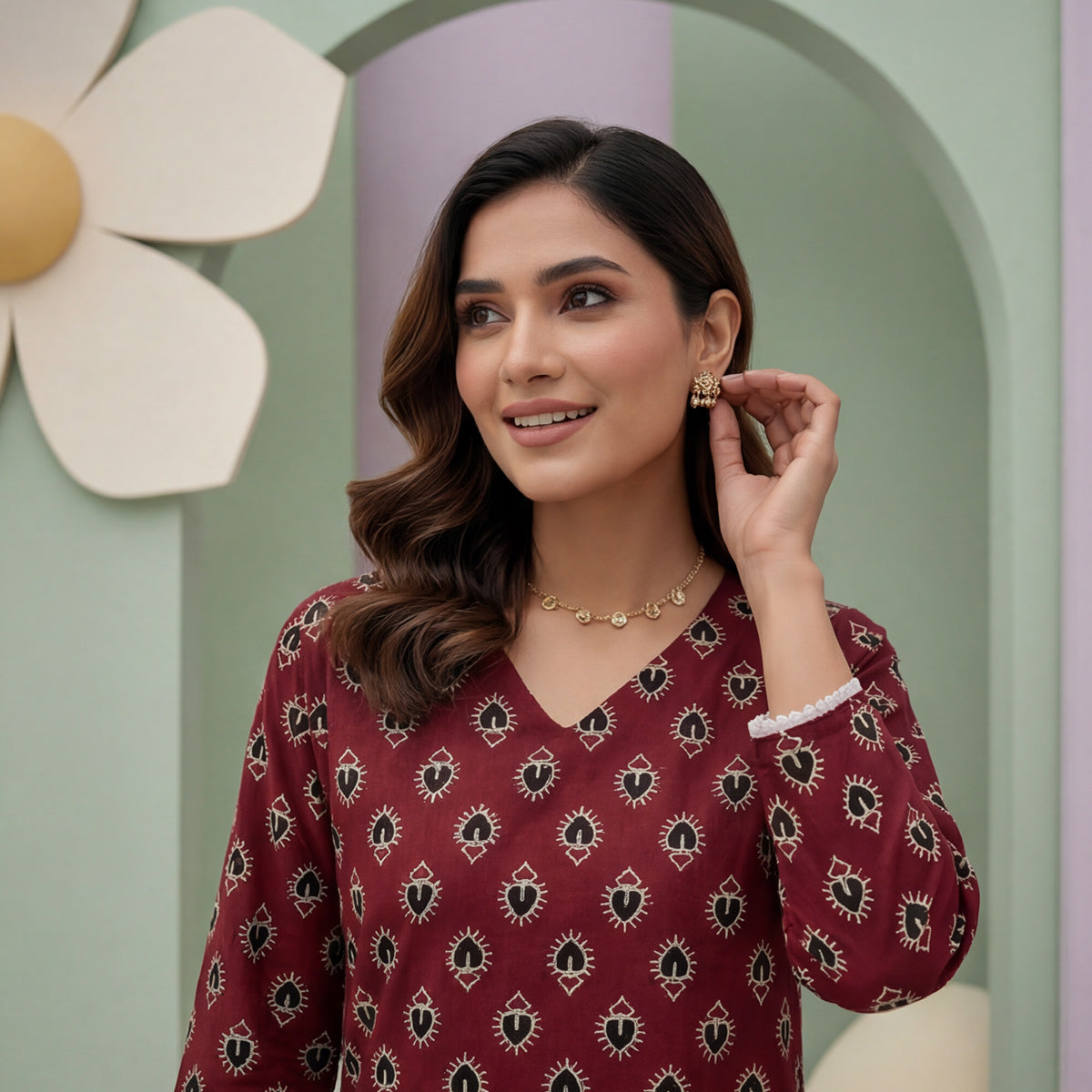 Maroon Ajrak Printed Cotton Kurti