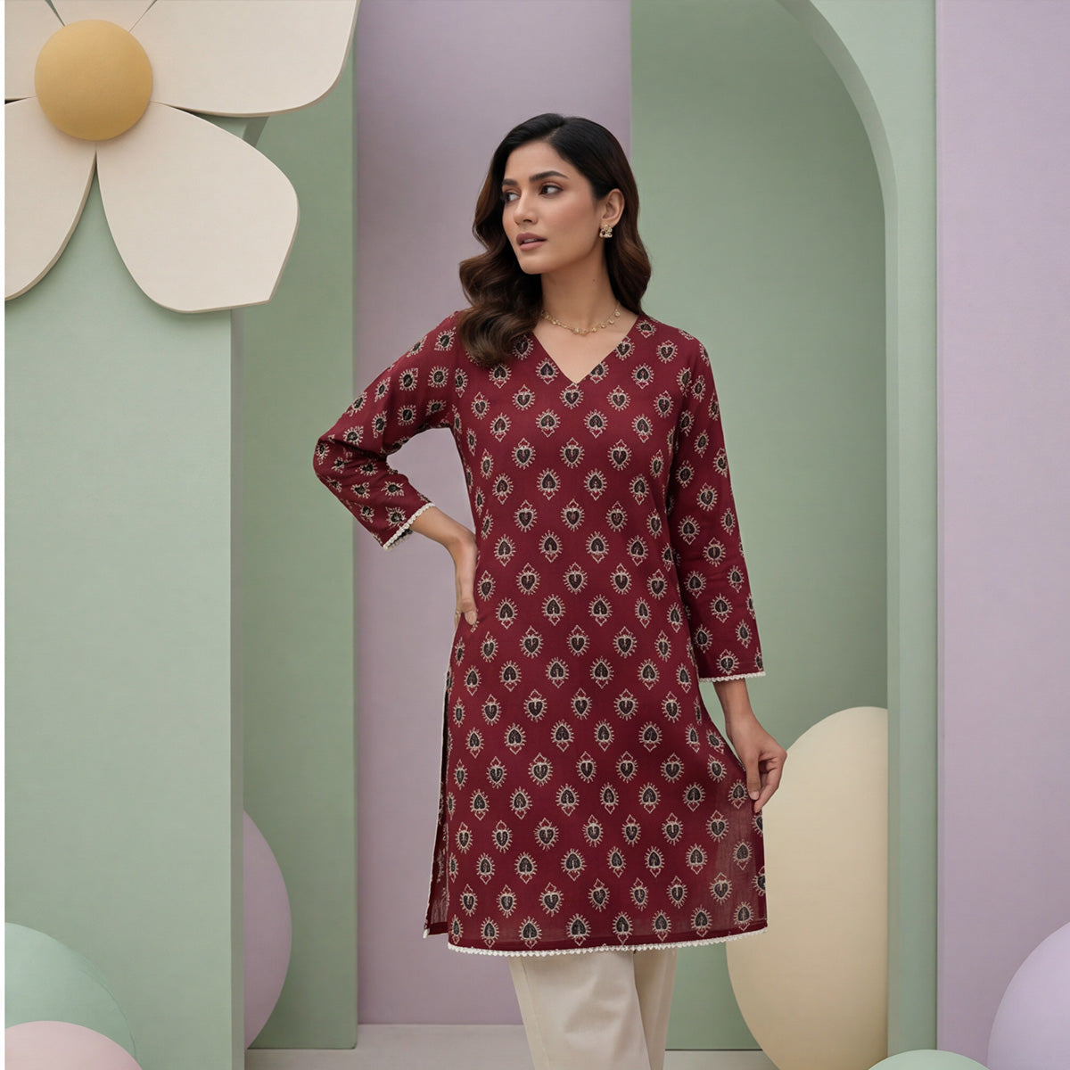 Maroon Ajrak Printed Cotton Kurti