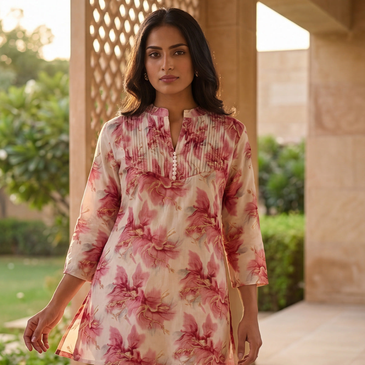 Off-White Rayon Kurti with Peach Floral Print