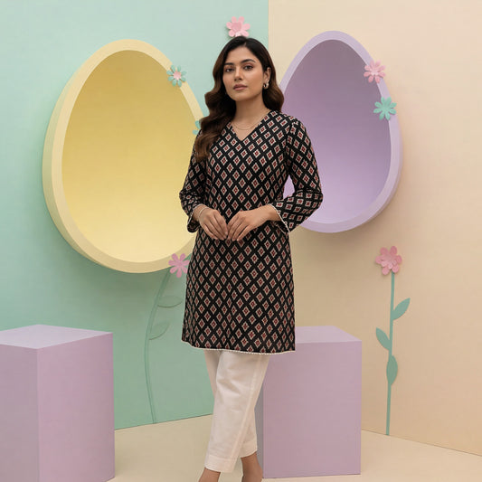 Black Ajrak Cotton Kurti with Flared Bell Sleeves