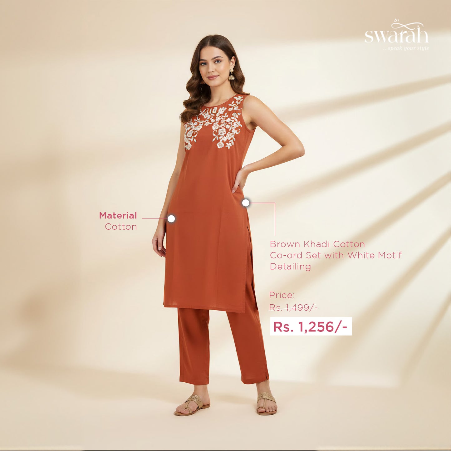 Brown Khadi Cotton Coord Set with White Motif Detailing