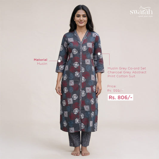 Muslin Grey Coord SetCharcoal Grey Abstract Print Cotton Suit with Matching Bottoms