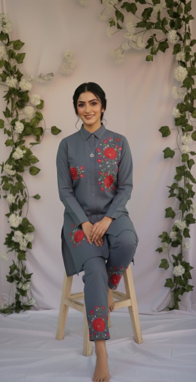 Steel Blue and Crimson Rose Embroidered Co-ord Set